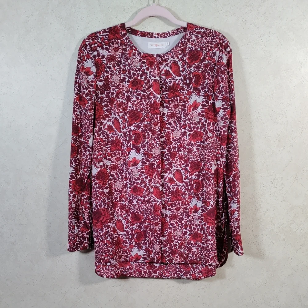 7131 Tory Burch red and burgundy floral L/S silk blouse 8